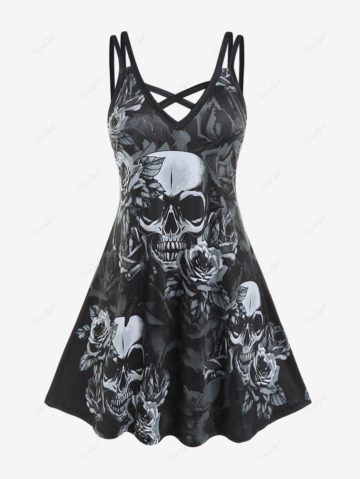 Trendy Gothic Crisscross Skull Rose Print Dress  