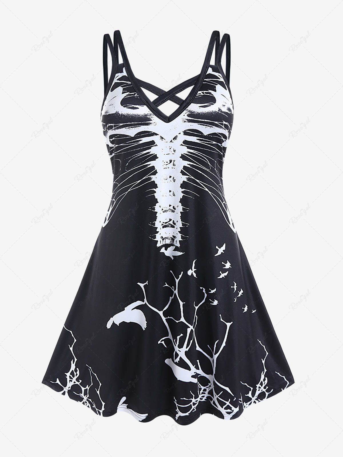 Chic Halloween Costume Crisscross Skeleton Print Dress  