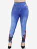 Plus Size High Waist Rose Print 3D Denim Skinny Jeggings -  
