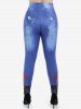 Plus Size High Waist Rose Print 3D Denim Skinny Jeggings -  