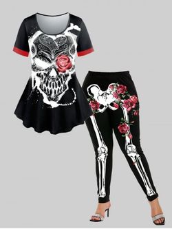 Ensemble T-shirt Gothique D'Halloween et Legging à Imprimé Rose Crâne et Squelette  - BLACK