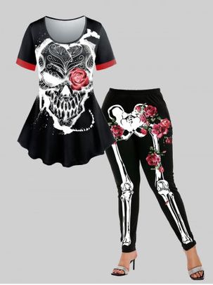 Ensemble T-shirt Gothique D'Halloween et Legging à Imprimé Rose Crâne et Squelette 
