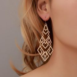Geometry Diamond Hollow Out Dangle Long Drop Earrings - GOLDEN
