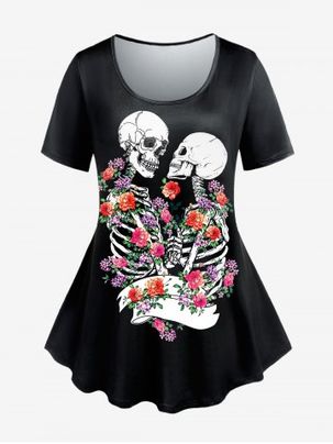 T-shirt Gothique à Imprimé Rose Squelette 