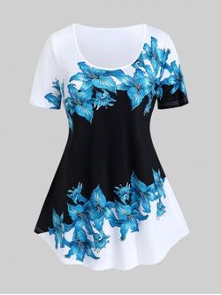 Plus Size Colorblock Floral Print T-shirt - BLUE - M | US 10