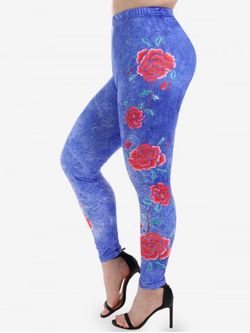 Plus Size 3D Jeans Rose Flower Printed Skinny Leggings - DEEP BLUE - 5X | US 30-32
