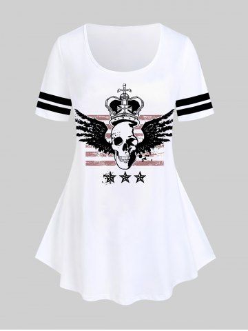 Gothic Skulls Stars Wings Printed Short Sleeves T Shirt - WHITE - 1X | US 14-16
