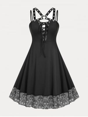 Plus Size & Curve Backless Harness Lace Up Skulls Gothic Dress