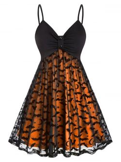 Plus Size Bats Pattern Lace Overlay Knot Halloween Fit and Flare Dress - ORANGE - S | US 8