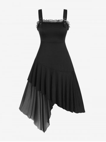 Gothic Buckles Lace Trim Asymmetric Flounce Sleeveless Midi Dress - BLACK - 1X | US 14-16