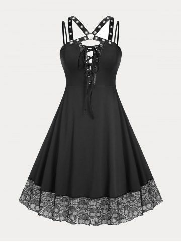 Plus Size & Curve Backless Harness Lace Up Skulls Gothic Dress - BLACK - M | US 10