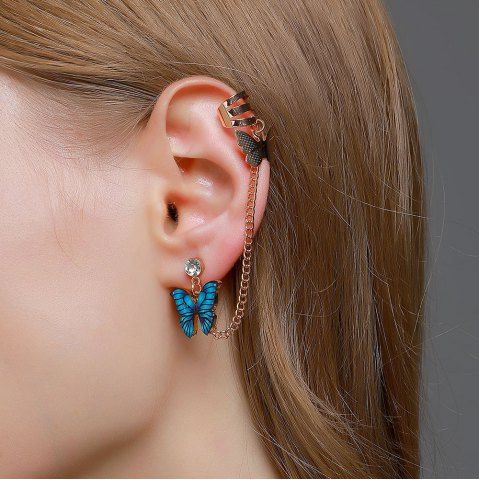 Single Colorful Butterfly Chain Ear Cuff Earring - BLUE