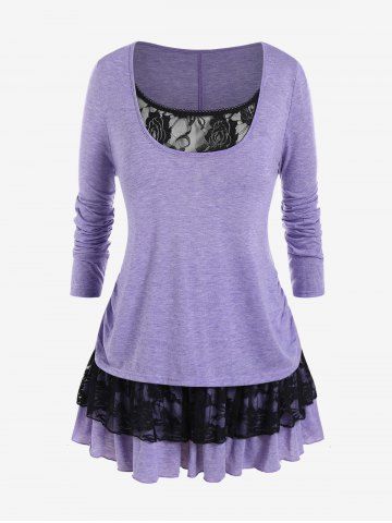 Plus Size Lace Panel Tee with Shirt Extender - LIGHT PURPLE - M | US 10