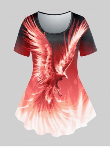 Plus Size Fire Phoenix Printed Short Sleeves Tee - RED - 2X | US 18-20