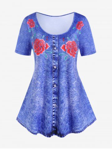 Plus Size 3D Jeans Rose Printed Short Sleeves Tee - BLUE - 4X | US 26-28