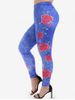 Plus Size 3D Jeans Rose Flower Printed Skinny Leggings -  