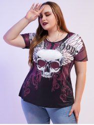 T-shirt Gothique Curve à Imprimé Crâne et Ailes Grande Taille - Noir 5X