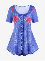 T-shirt à Imprimé 3D Rose de Grande Taille à Manches Courtes - Bleu 3X | US 22-24