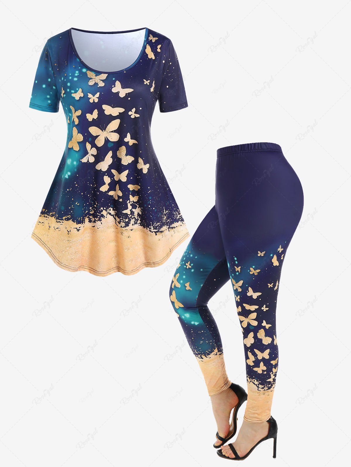 Best Butterfly Print T-shirt and High Waist Butterfly Print Leggings Plus Size Matching Set Outfit  