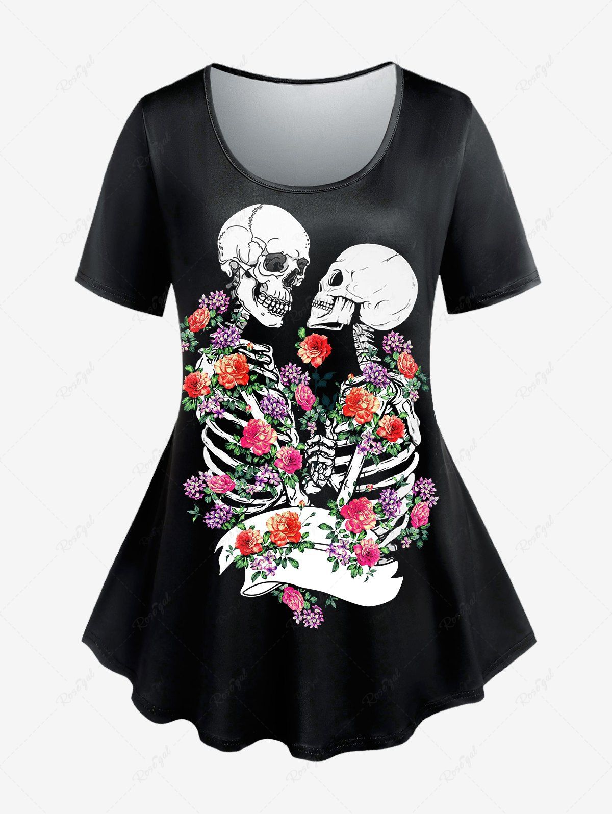 T-shirt Gothique à Imprimé Rose Squelette Noir 3x | US 22-24