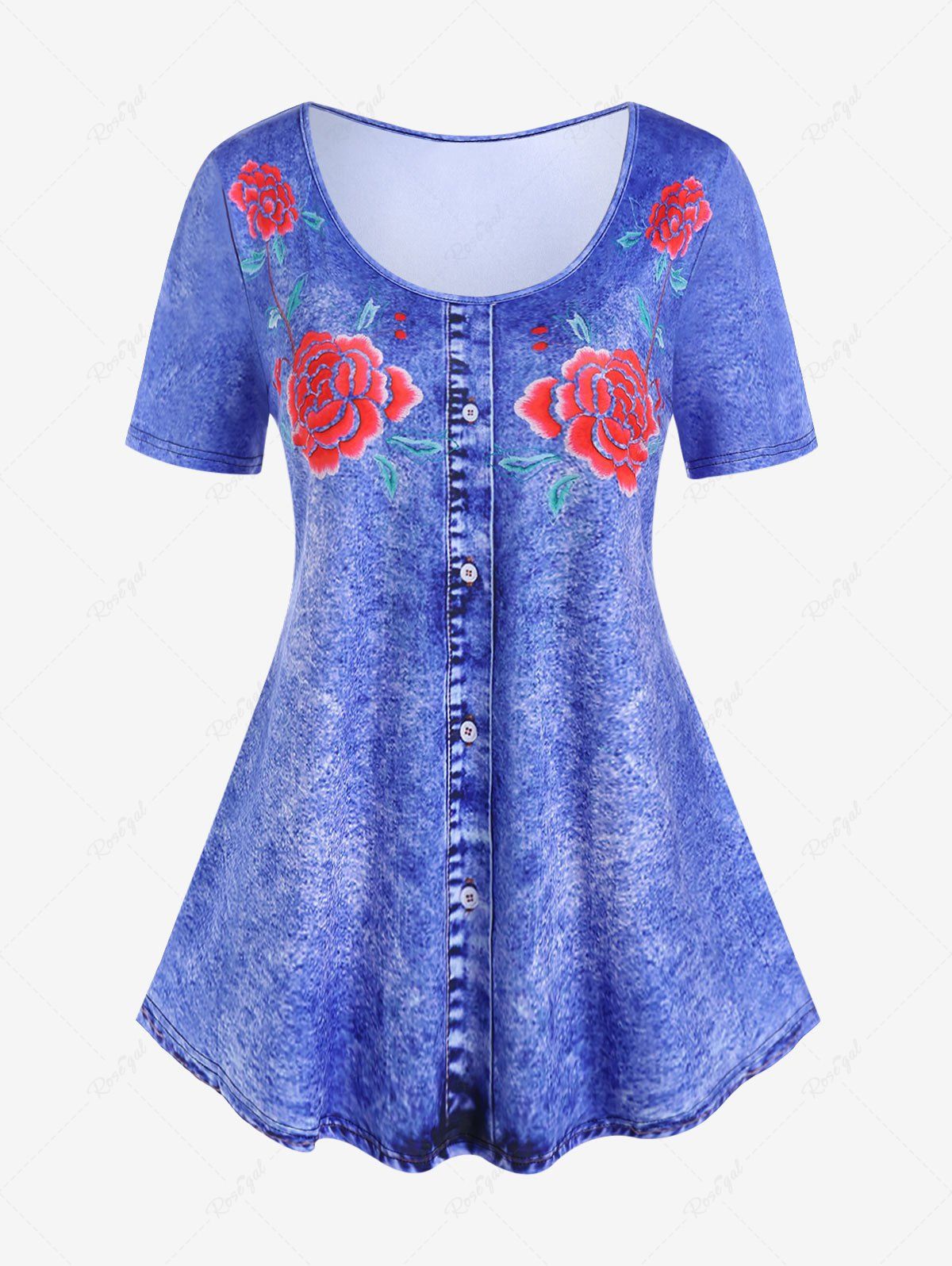 Discount Plus Size 3D Jeans Rose Printed Short Sleeves Tee  