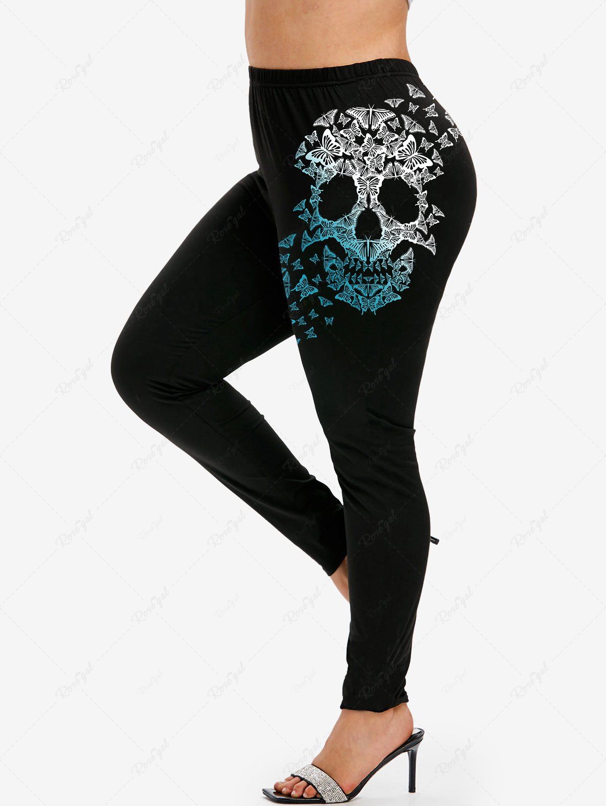 Trendy Gothic High Waist Butterfly Skull Print Skinny Leggings  