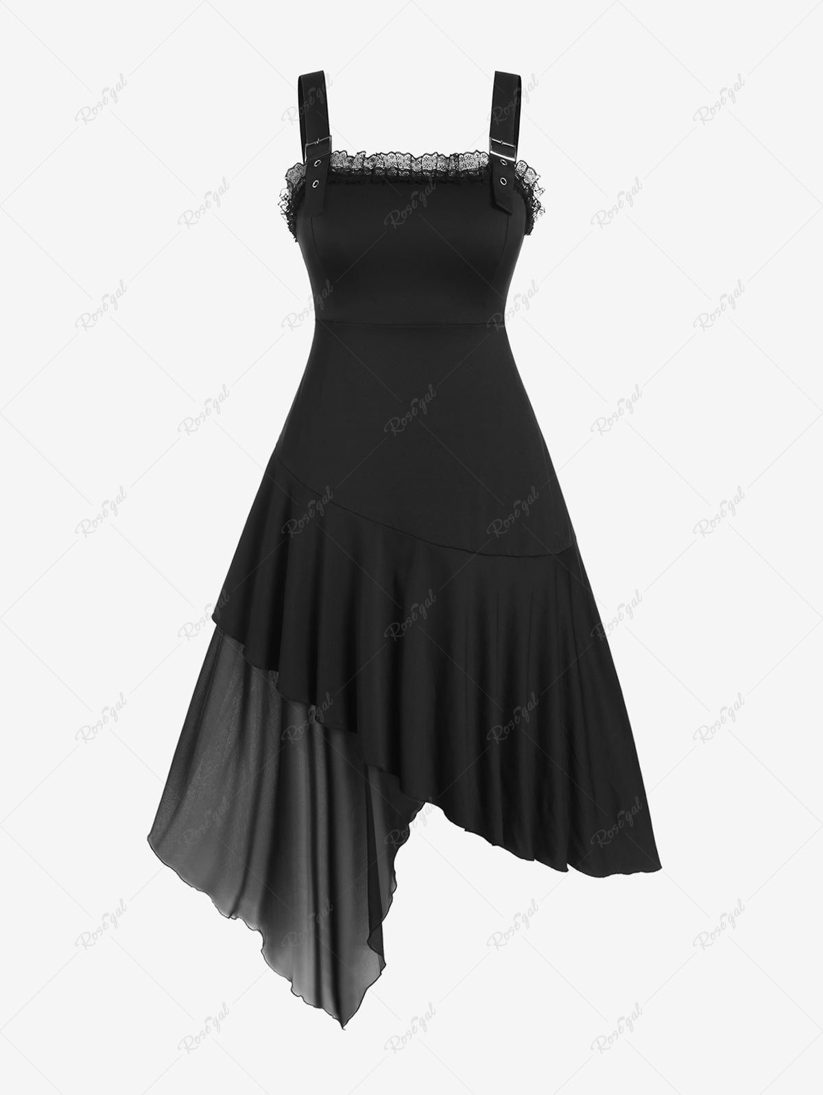 Outfits Gothic Buckles Lace Trim Asymmetric Flounce Sleeveless Midi Dress  