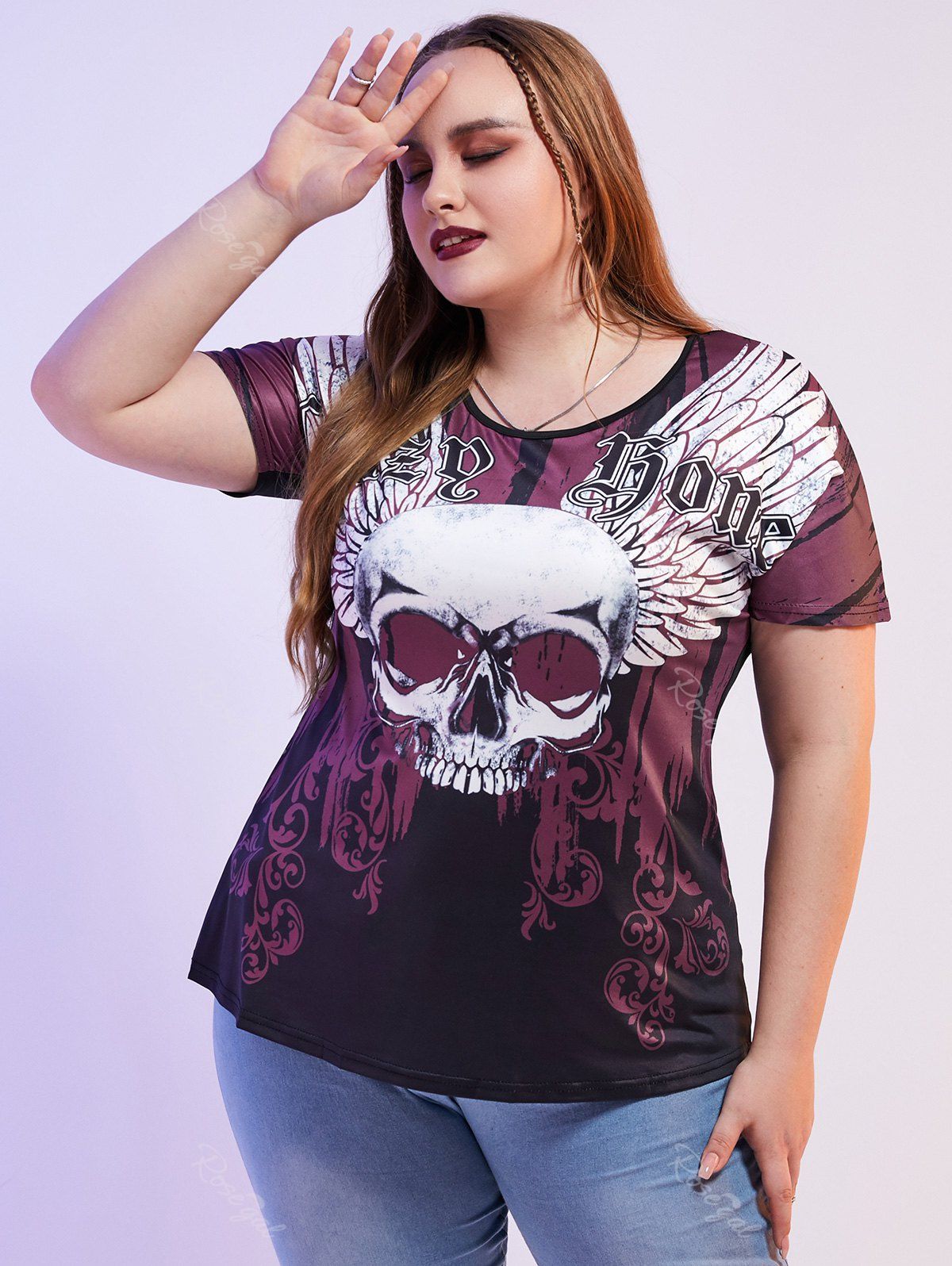 Online Plus Size & Curve Gothic Skull Wings Print Tee  