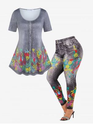 3D Jeans Printed Tee and Halloween Skull Jeggings Gothic Outfit