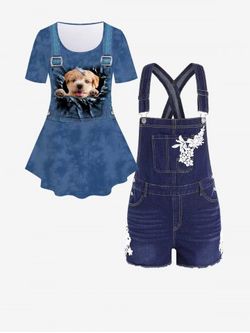 3D Dog Print Tee and Flower Applique Frayed Denim Overall Shorts Plus Size Outfit - BLUE