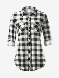 Plus Size Roll Up Sleeve Double Pocket Checked Shirt - BLACK - 5XL