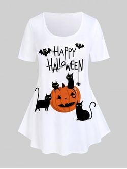 Plus Size Halloween Pumpkins Bats Cat Printed Graphic Tee - WHITE - 1X | US 14-16
