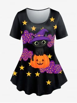 T-shirt D'Halloween à Imprimé Chat Citrouille de Grande Taille - BLACK - 5X | US 30-32