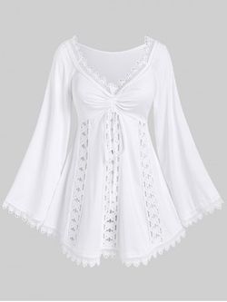 Plus Size Lace Trim Hollow Out Cinched Flare Sleeves T-shirt - WHITE - L | US 12