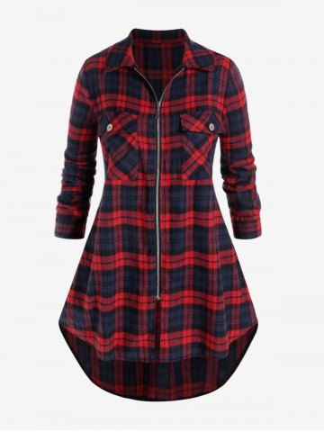Plus Size Plaid Pockets Zipper Fly High Low Shirt - RED - M | US 10
