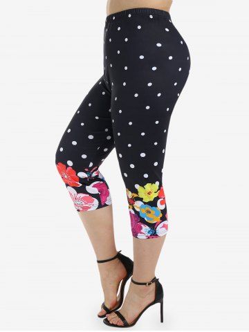 Plus Size Polka Dot Floral Print Capri Leggings - BLACK - 1X | US 14-16