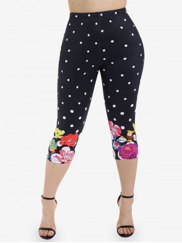 Plus Size Polka Dot Floral Print Capri Leggings