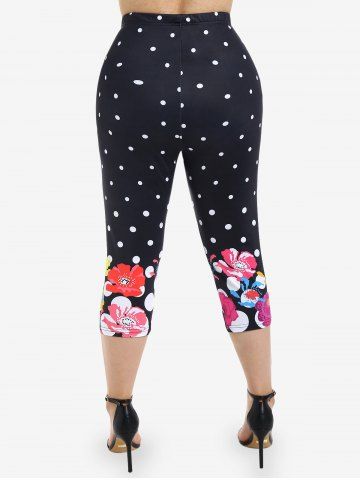Plus Size Polka Dot Floral Print Capri Leggings