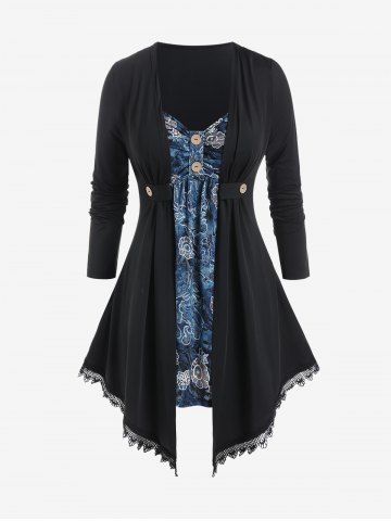Plus Size Asymmetric Floral Print Faux Twinset Tee