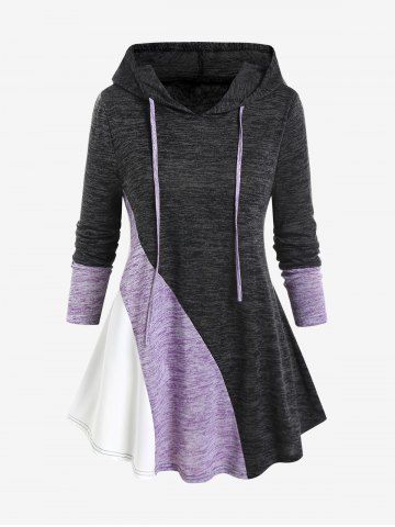 Plus Size Drawstring Hooded Space Dye Long Sleeves T-shirt