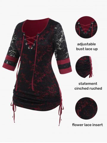 Plus Size Lace-up Cinched Lace Panel Tee