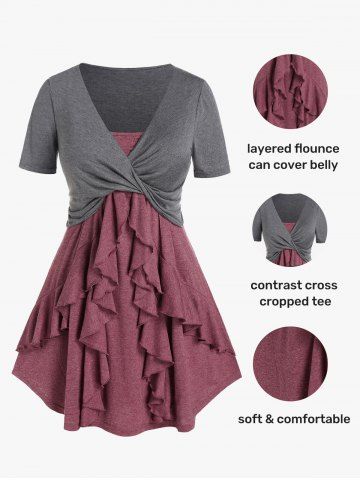 Plus Size Twist Crop Tee and Ruffled Tank Top Set