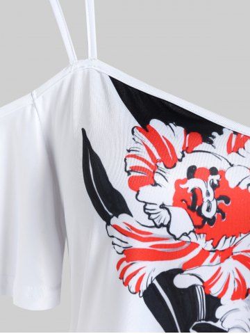 Plus Size Floral Print Colorblock Cold Shoulder Tee