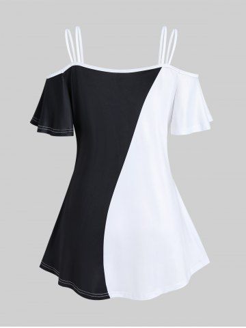 Plus Size Floral Print Colorblock Cold Shoulder Tee