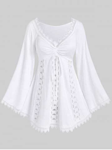Plus Size Lace Trim Hollow Out Cinched Flare Sleeves T-shirt