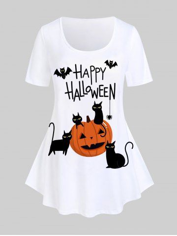 Plus Size Halloween Pumpkins Bats Cat Printed Graphic Tee - WHITE - L | US 12