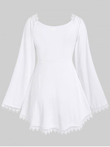Plus Size Lace Trim Hollow Out Cinched Flare Sleeves T-shirt