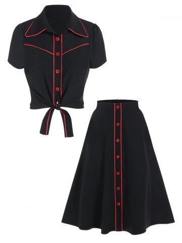 Contrast Pipe Tied Button-up Shirt and A Line Midi Skirt Two Piece Outfit - BLACK - XXL