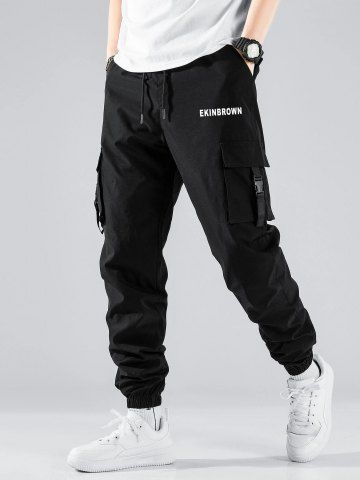 Letter Printed Buckle Strap Multi-pocket Cargo Pants - BLACK - L