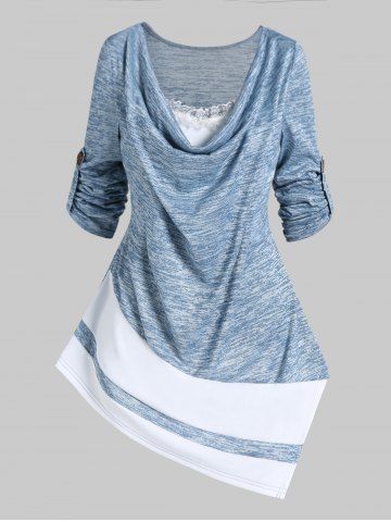 Colorblock Space Dye Print Asymmetric Cowl Collar Lace Ruffled T Shirt - LIGHT BLUE - XXL